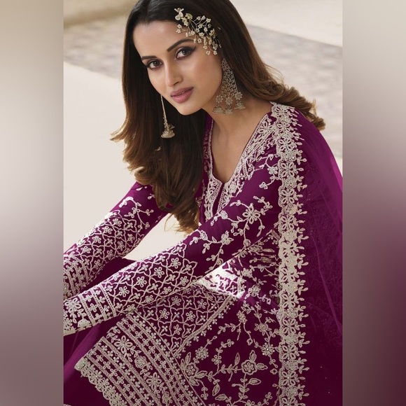 Purple Color Net Fabric Party Wear Provocative Embroidered Palazzo Suit - Picture 2 of 3